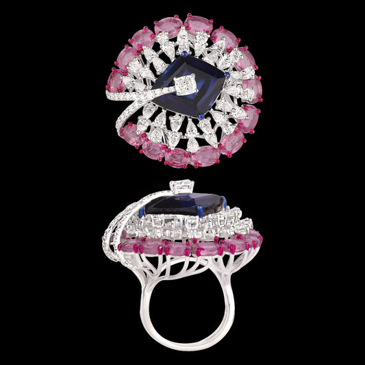 18K White Gold Diamond Ring - 3.23ct VVS-VS-EF with Colour Stones