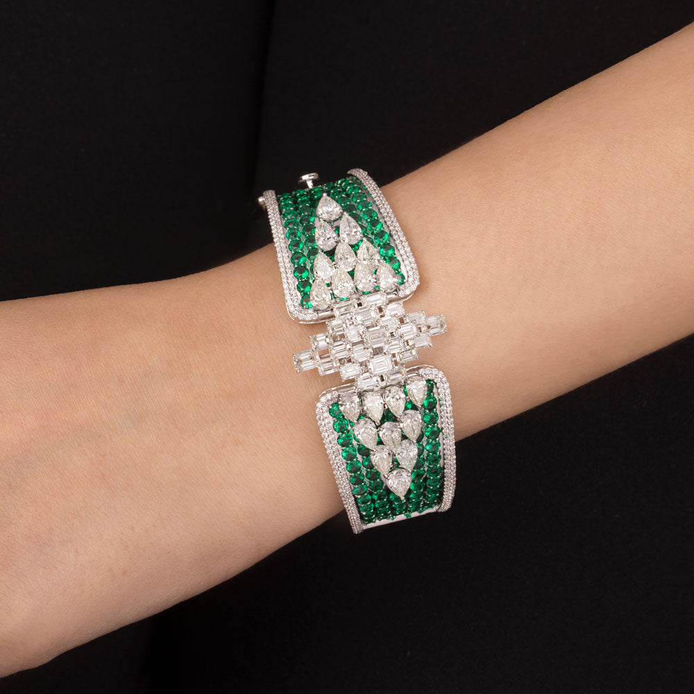 14K White Gold Diamond Kada - 13.75ct VS-SI-HI with Colour Stones