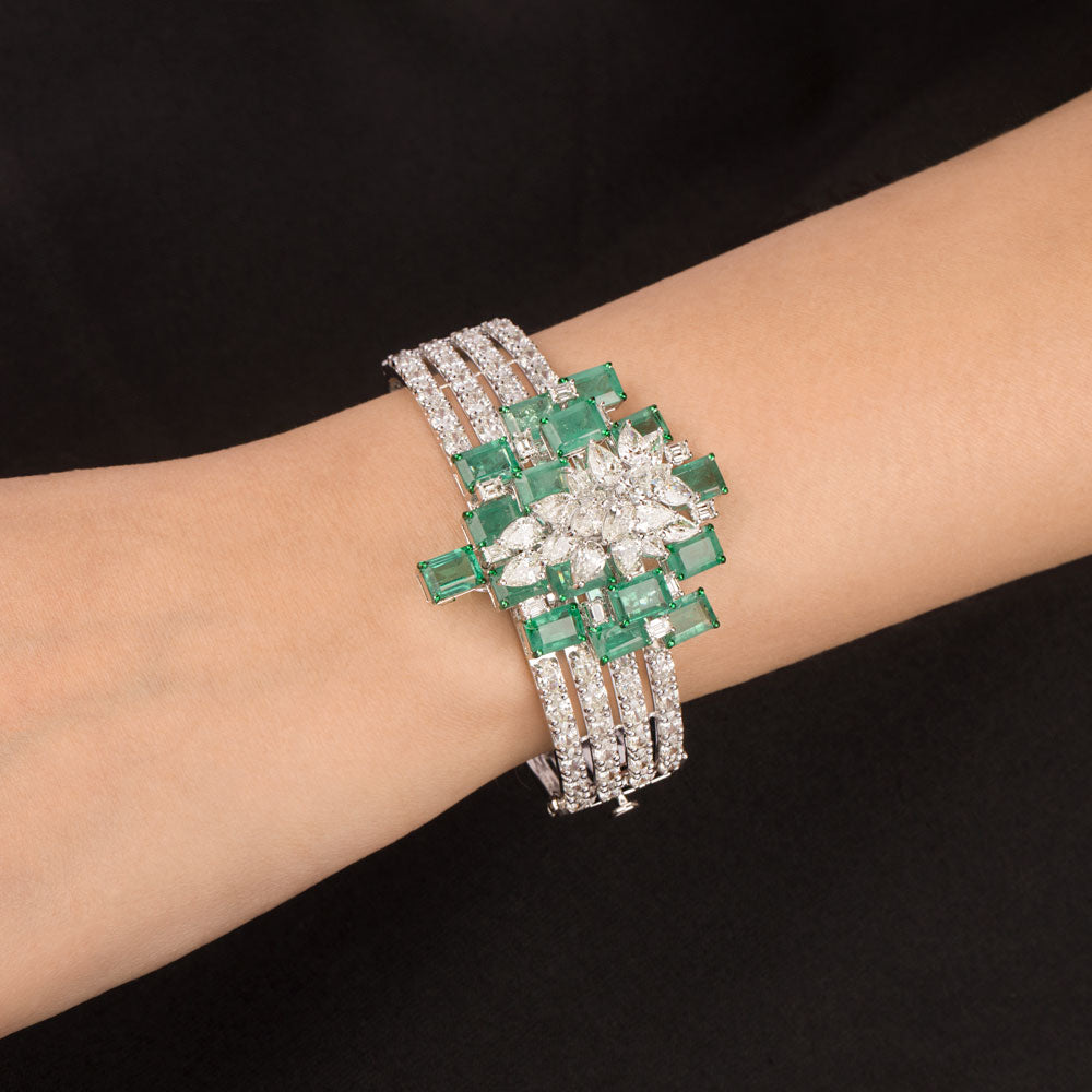 14K White Gold Diamond Kada - 14.003ct VVS-VS-JK with Colour Stones