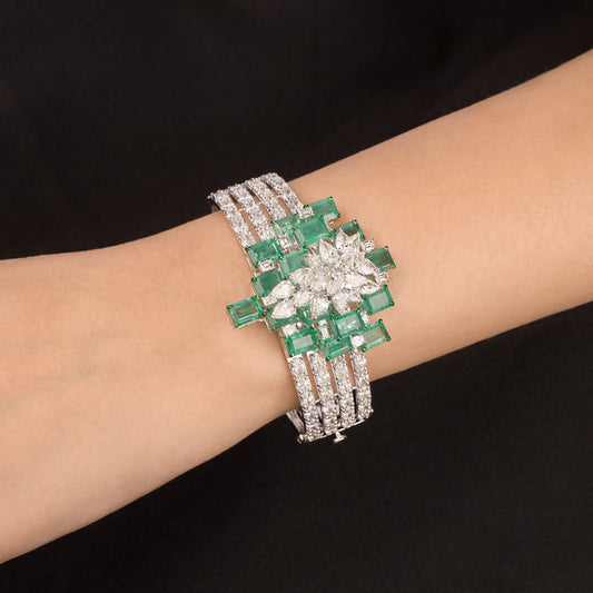 14K White Gold Diamond Kada - 14.003ct VVS-VS-JK with Colour Stones