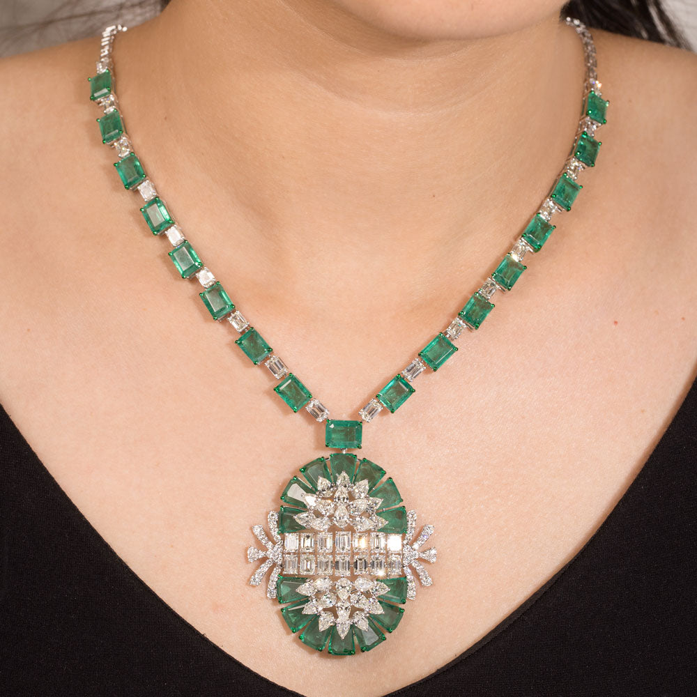 14K White Gold Diamond Necklace - 20.19ct VS-SI-HI with Colour Stones