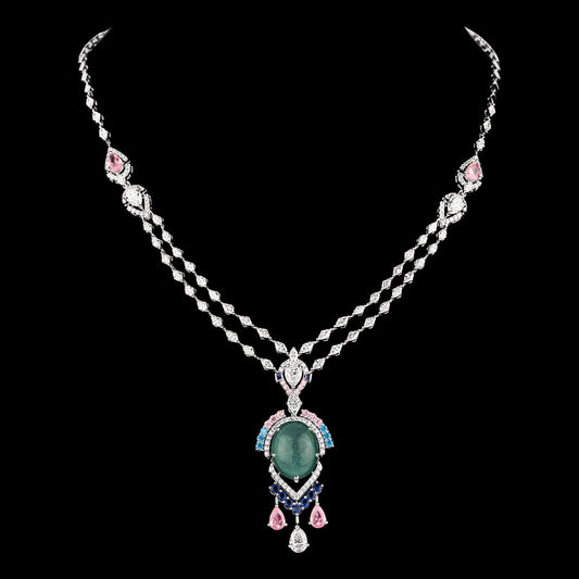 14K White Gold Diamond Necklace - 5.364ct VS-SI-HI with Colour Stones