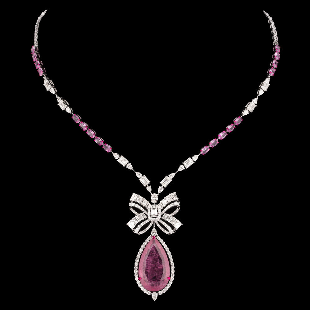 18K White Gold Diamond Necklace - 8.74ct VVS-VS-GH with Colour Stones