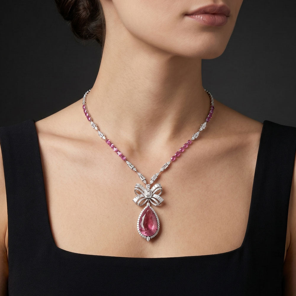 18K White Gold Diamond Necklace - 8.74ct VVS-VS-GH with Colour Stones