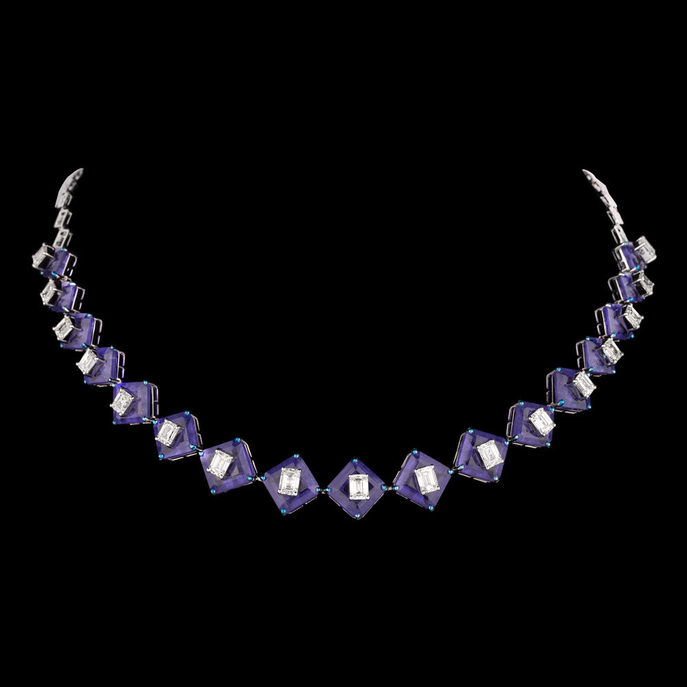 18K White Gold Diamond Necklace - 8.749ct VVS-VS-GH with Colour Stones