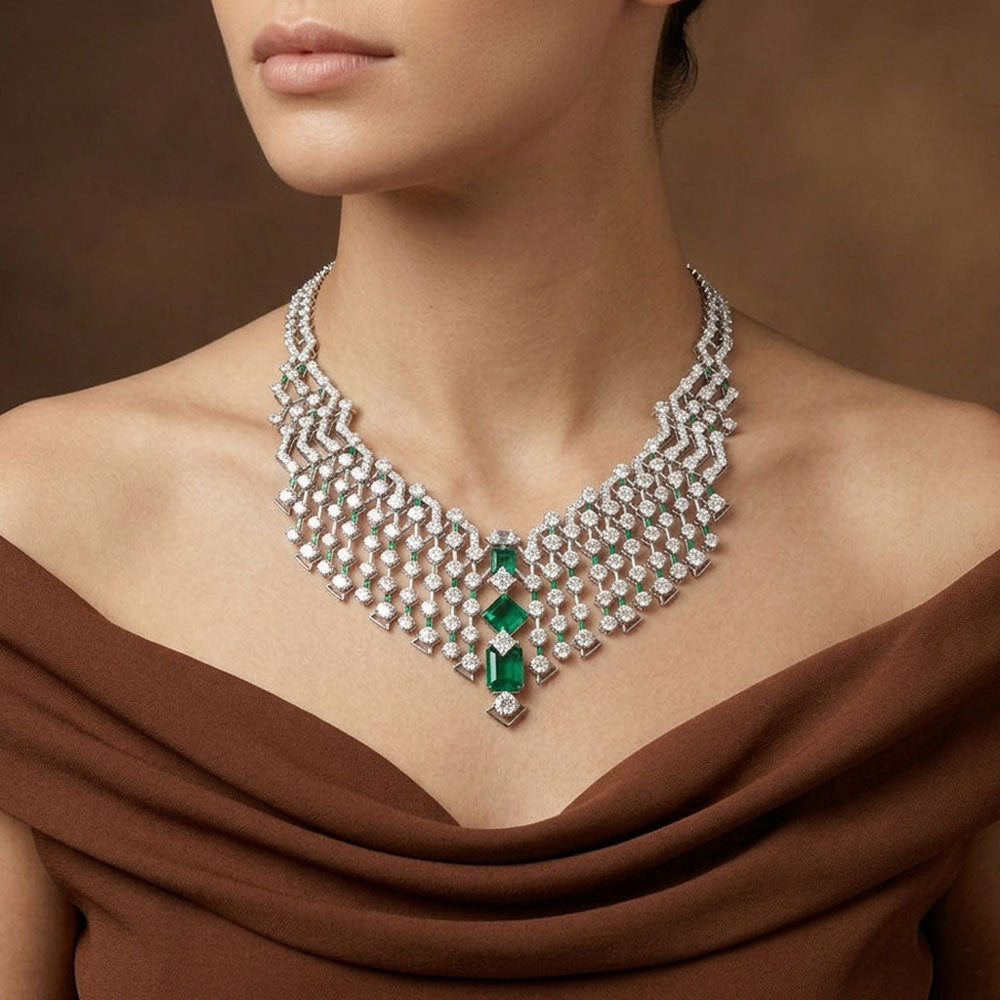 18K White Gold Diamond Necklace - 31ct VVS-VS-IJ with Colour Stones