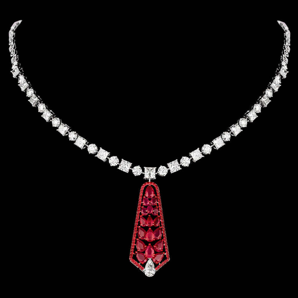 14K White Gold Diamond Necklace - 14.795ct VVS-VS-IJ with Colour Stones