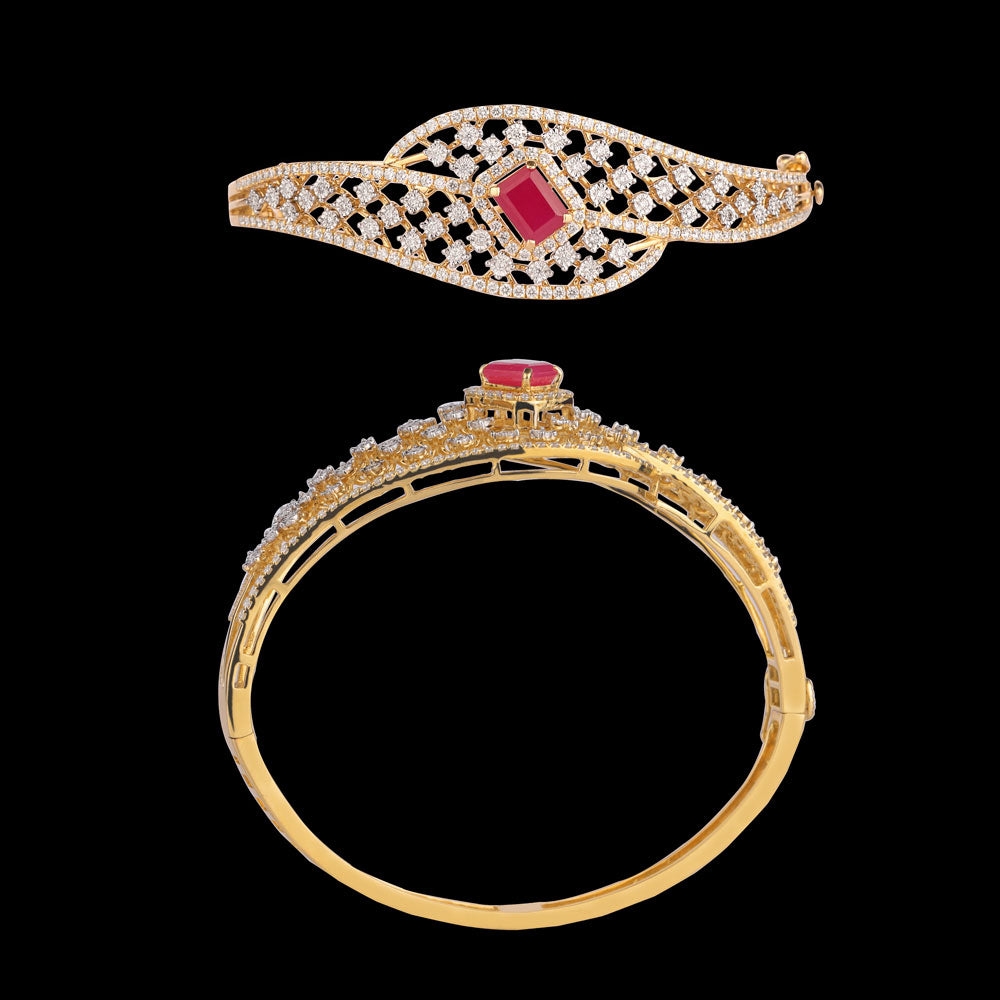 14K Yellow Gold Diamond Kada - 1.41ct VS-SI-FG with Colour Stones