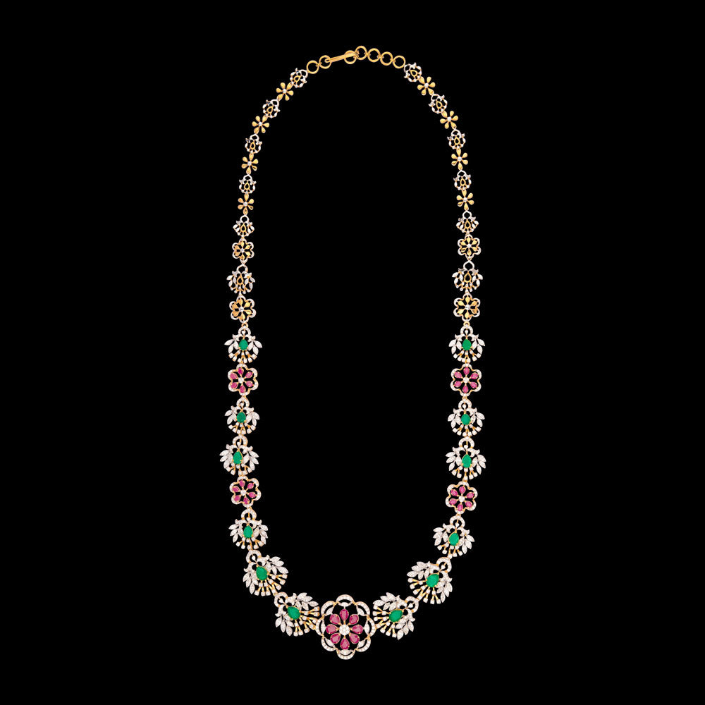 18K Yellow Gold Diamond Necklace - 12.261ct VVS-VS-GH with Colour Stones