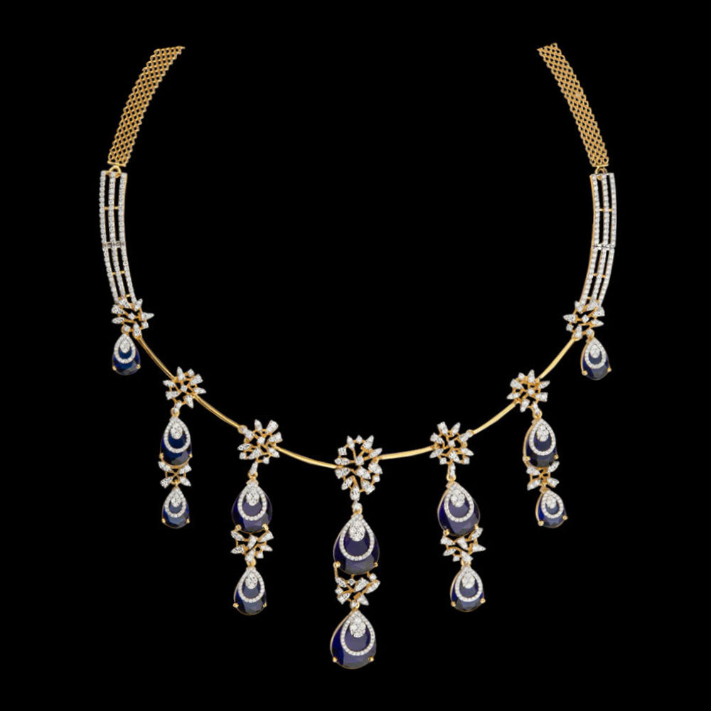 18K Yellow Gold Diamond Necklace - 4.81ct VVS-VS-GH with Colour Stones
