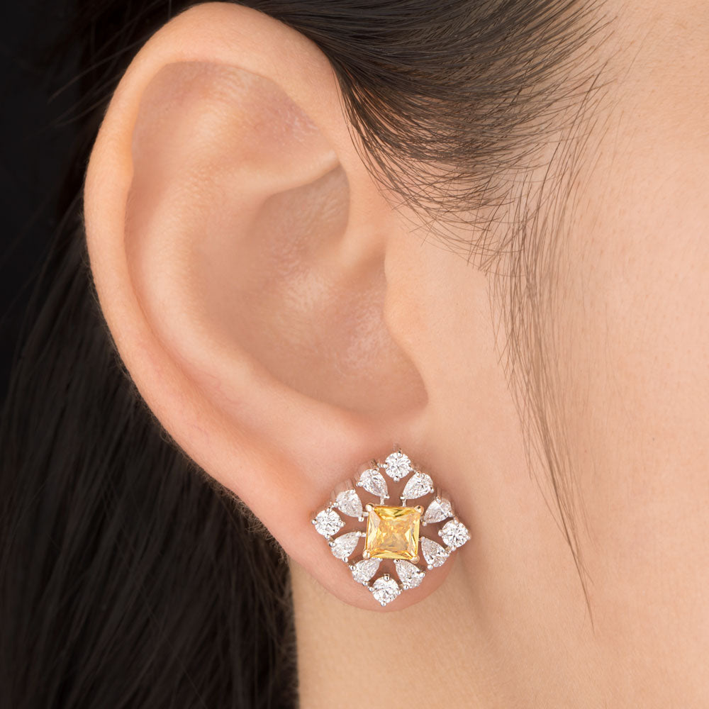 18K Yellow Gold Diamond Earrings - 1.453ct VVS-EF with Colour Stones