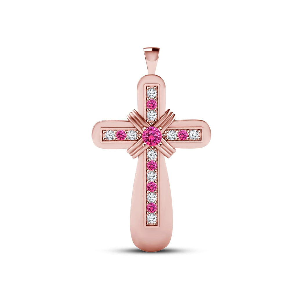 1 Ct Pink Sapphire and White CZ Diamond 14K Rose Gold Over 925 Sterling Cross Pendant Merry Christmas SECIAL OFFER