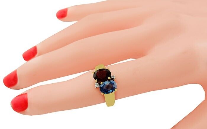 GENUINE 1.18 Cts ROYAL BLUE TOPAZ, GARNET & DIAMONDS RING 10K GOLD OVER