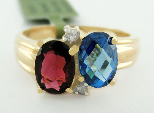 GENUINE 1.18 Cts ROYAL BLUE TOPAZ, GARNET & DIAMONDS RING 10K GOLD OVER
