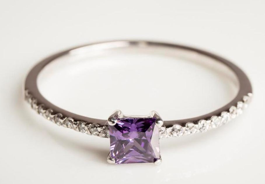 0.50 CT 925 Sterling Silver Amethyst Princess Cut Diamond Anniversary Ring