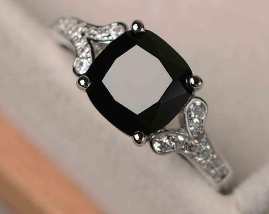 2 CT Cushion Cut Black & White Black Cubic Zirconia Diamond 925 Sterling Silver Unisex Engagement Solitaire Ring