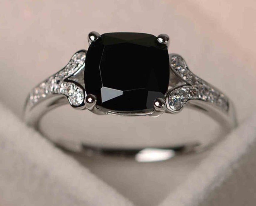 2 CT Cushion Cut Black & White Black Cubic Zirconia Diamond 925 Sterling Silver Unisex Engagement Solitaire Ring