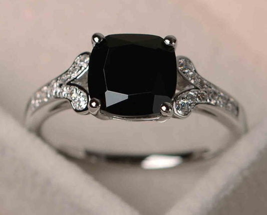 2 CT Cushion Cut Black & White Black Cubic Zirconia Diamond 925 Sterling Silver Unisex Engagement Solitaire Ring