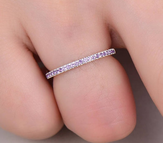 0.50 CT 925 Sterling Silver Purple Amethyst Round Cut Wedding Band Ring