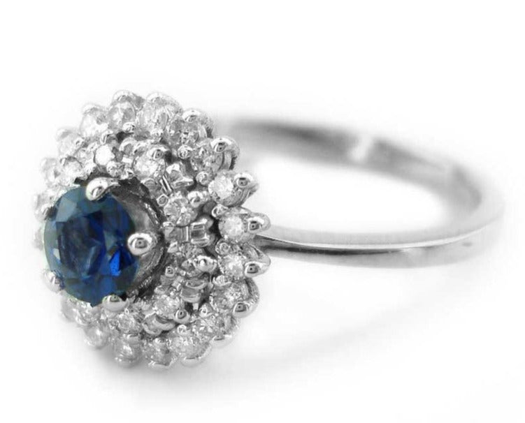 1 CT 925 Sterling Silver Blue Sapphire Round Cut Diamond Engagement Halo Ring