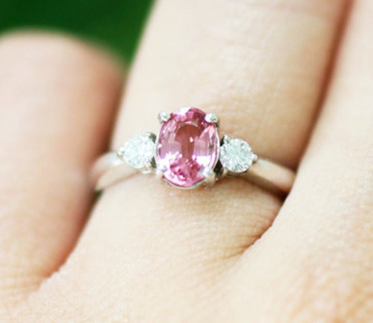 1 CT Oval Cut Pink Sapphire 3 Stone Diamond 925 Sterling Silver Women Engagement Ring