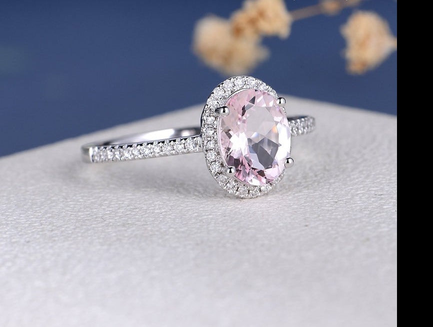 1.75 Ct Oval Cut Pink Morganite 925 Sterling Silver Gorgeous Halo Engagement Ring