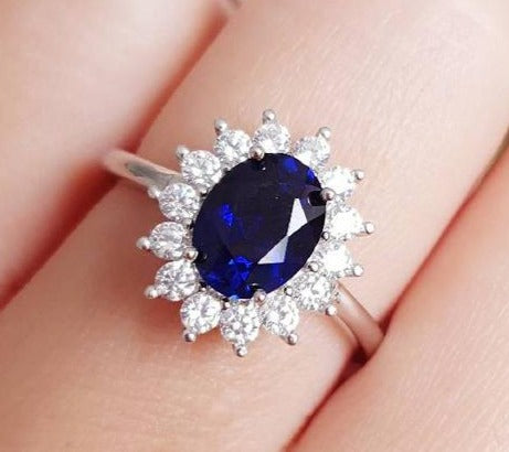 2 CT Oval Cut Blue Sapphire Diamond 925 Sterling Silver Halo Engagement Ring