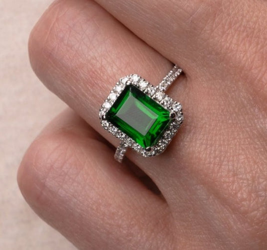 3 CT Emerald Cut Emerald Green Diamond 925 Sterling Silver Halo Unisex Engagement Ring