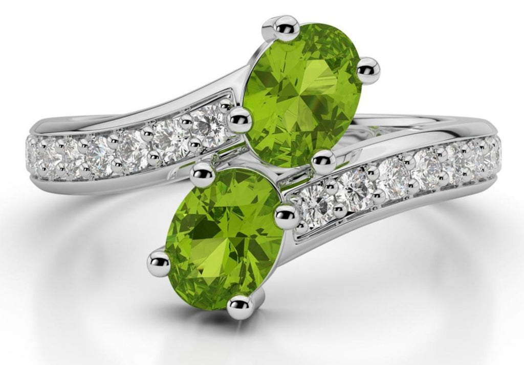 1 CT Two Oval Cut Green Peridot Diamond 925 Sterling Silver Bypass Engagement Ring