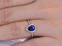1 CT 925 Sterling Silver Sapphire Pear Cut Diamond Wedding Halo Engagement Ring