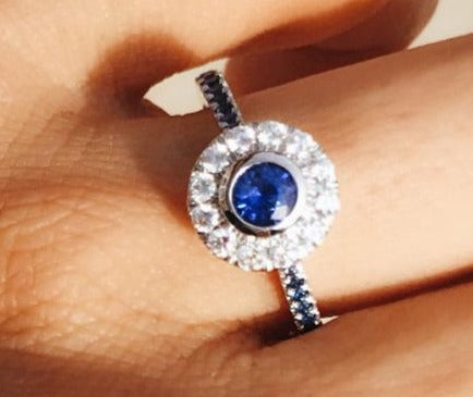 0.65 CT Round Cut Blue Sapphire Diamond 925 Sterling Silver Unique Engagement Halo Ring