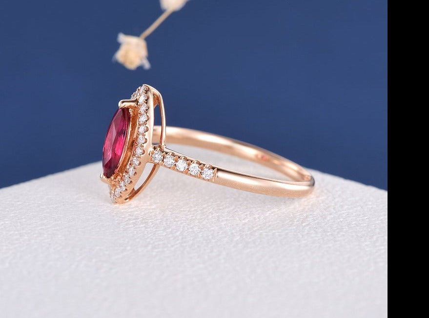 1.50 Ct Marquise Cut Red Ruby Rose Gold Over On 925 Sterling Silver Halo Anniversary Gift Ring