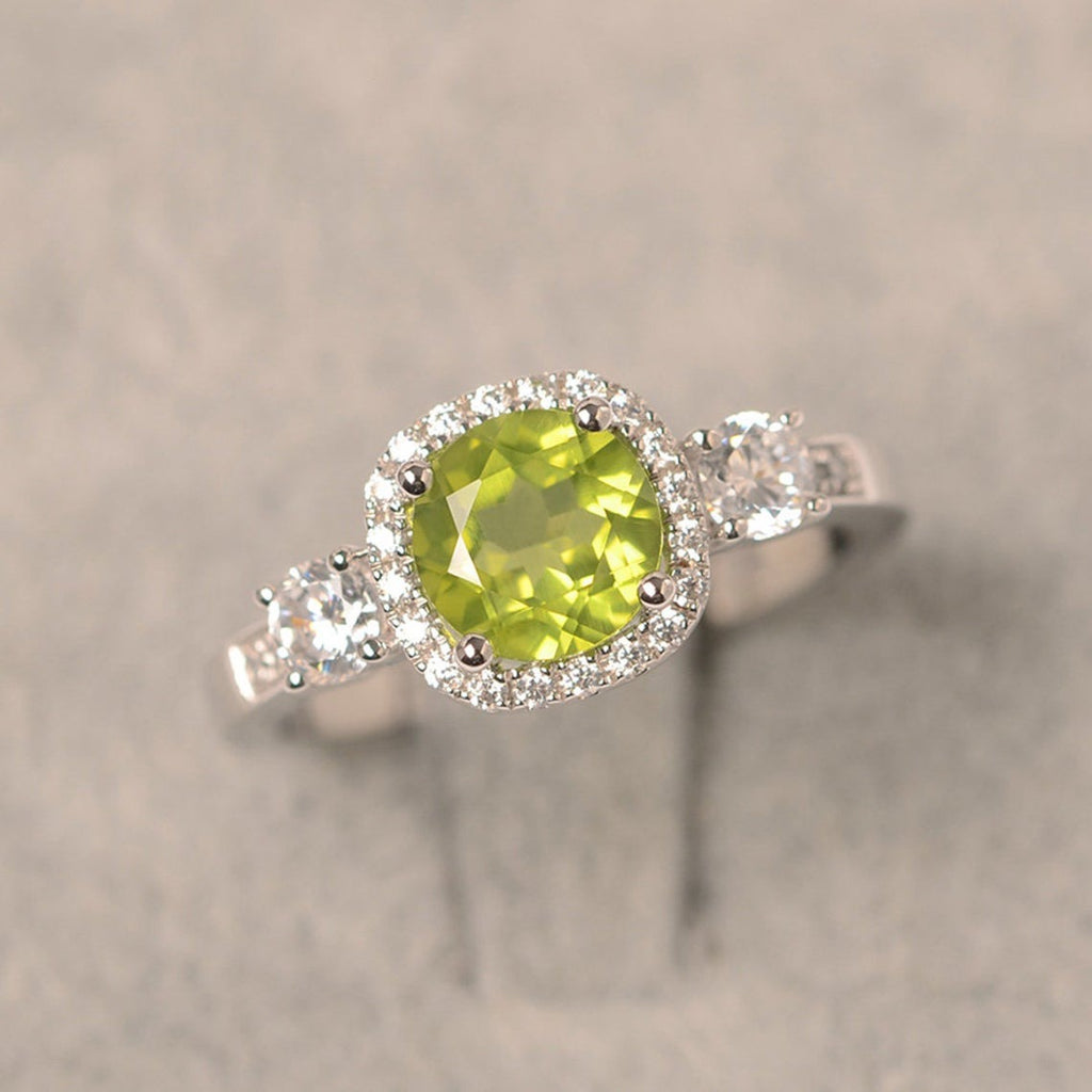 2 CT 925 Sterling Silver Green Peridot Round Cut Diamond Engagement Halo Ring