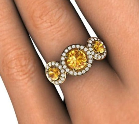 2 CT Round Cut Yellow Citrine  3 Stone Diamond Yellow Gold Over 925 Sterling Sliver Women Anniversary Halo Ring
