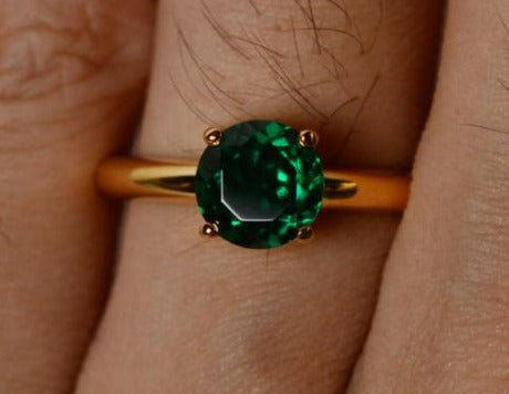1 CT Round Cut Emerald Green Yellow Gold Over 925 Sterling Sliver Women Solitaire Anniversary Ring Gift For Her