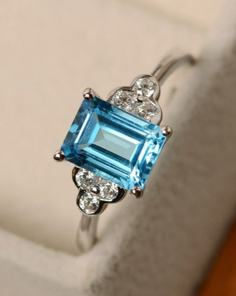 2 CT Emerald Cut Blue Topaz Diamond 925 Sterling Silver Unisex Engagement Ring
