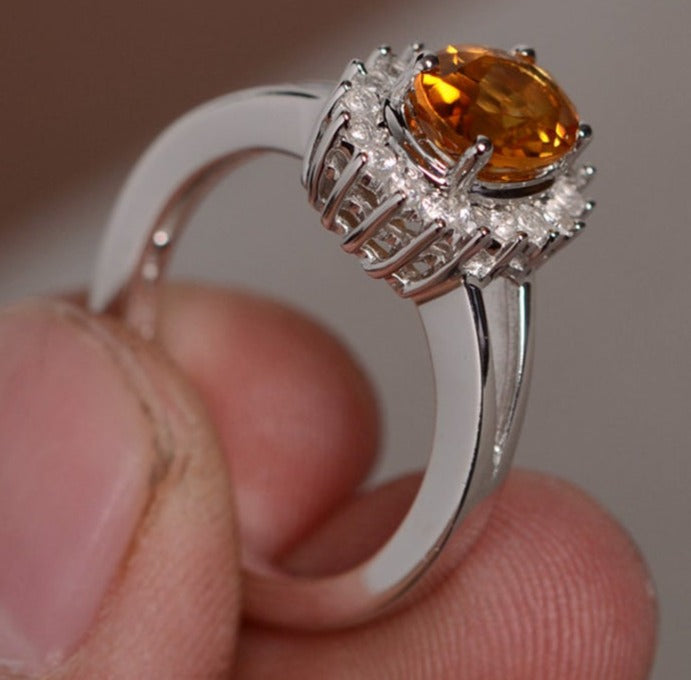 2 CT Oval Cut Citrine Yellow Diamond 925 Sterling Silver Promise Halo Ring