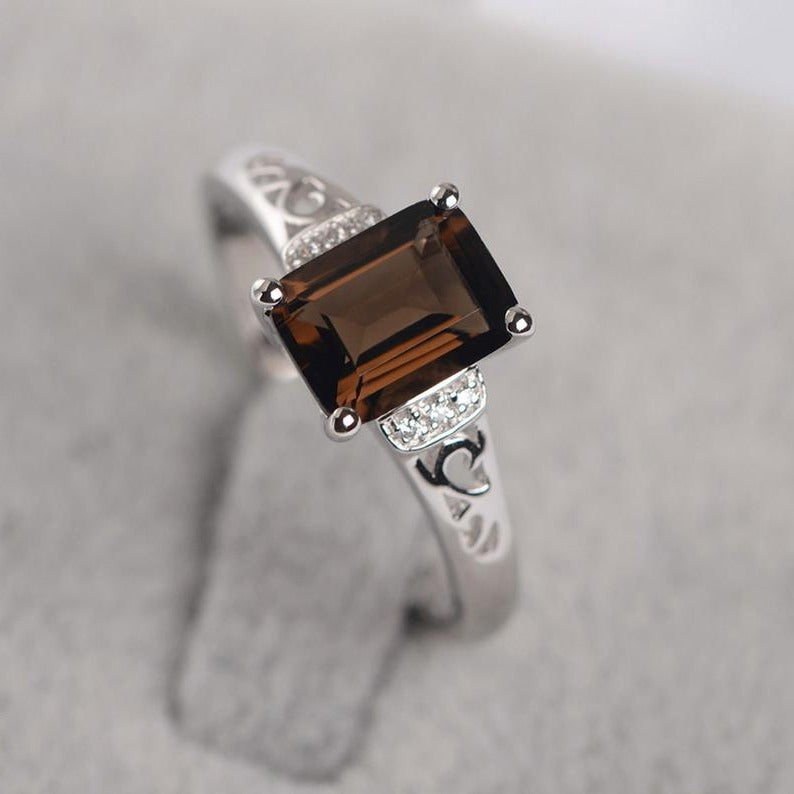 1.25 Ct Emerald Cut Smoky Quartz Solitaire W/Accents Anniversary Gift Ring In 925 Sterling Silver