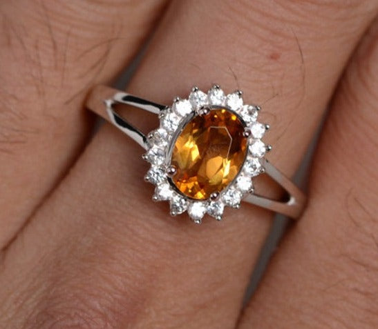 2 CT Oval Cut Citrine Yellow Diamond 925 Sterling Silver Promise Halo Ring