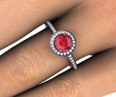 2 CT Red Ruby Round Cut Diamond 925 Sterling Silver Wedding Engagement Halo Ring - atjewels.in