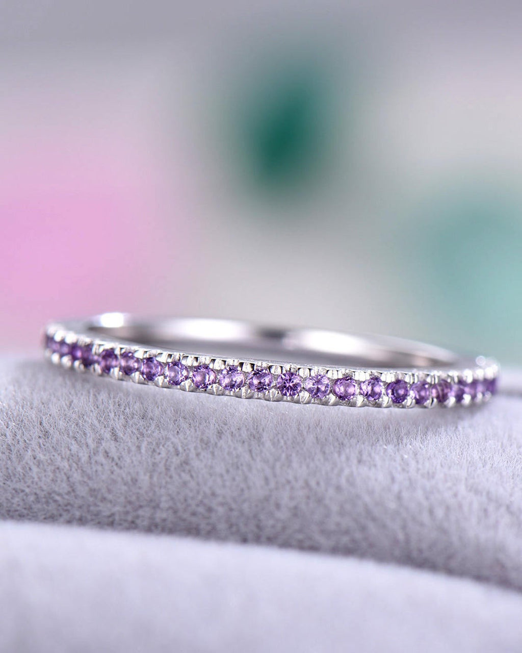 0.50 CT 925 Sterling Silver Purple Amethyst Round Cut Wedding Band Ring