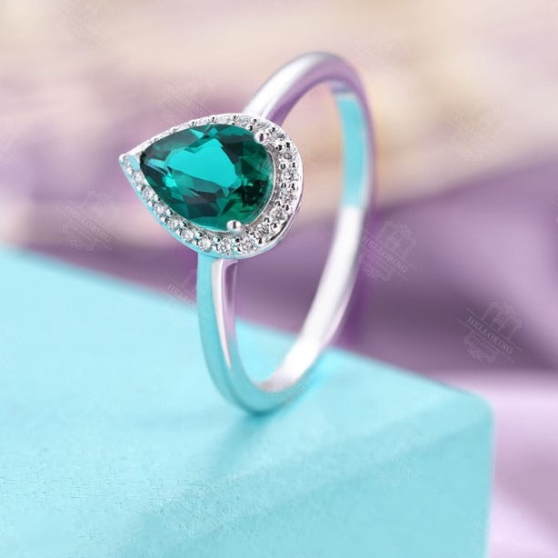 1 CT Pear Cut Emerald Diamond 925 Sterling Silver Women Halo Anniversary Ring
