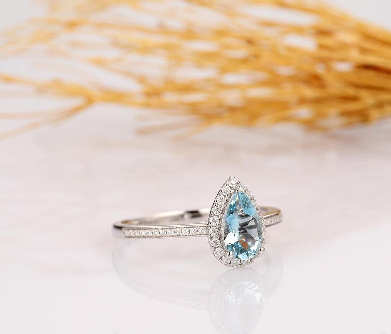 1.20 CT Pear Cut Aquamarine & Round CZ 925 Sterling Silver Halo Anniversary Gift Ring For her