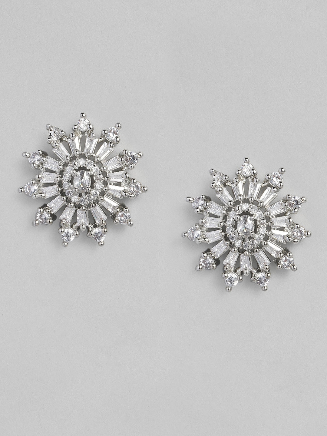 1.20 Ct Baguette & Round Cut Diamond Floral Stud Earrings In 925 Sterling Silver
