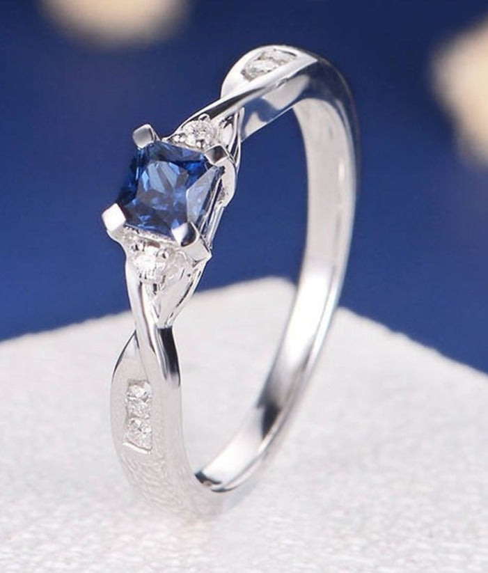 0.75 CT Princess Cut Blue Sapphire Diamond 925 Sterling Silver Women Engagement Ring