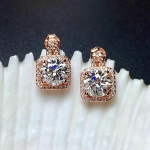 3.50 Ct Round Cut Rose Gold Over On 925 Sterling Silver Push Back Halo Earrings