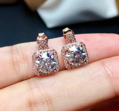 3.50 Ct Round Cut Rose Gold Over On 925 Sterling Silver Push Back Halo Earrings