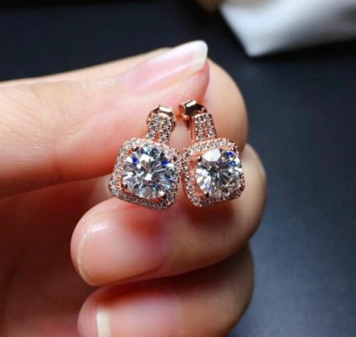 3.50 Ct Round Cut Rose Gold Over On 925 Sterling Silver Push Back Halo Earrings