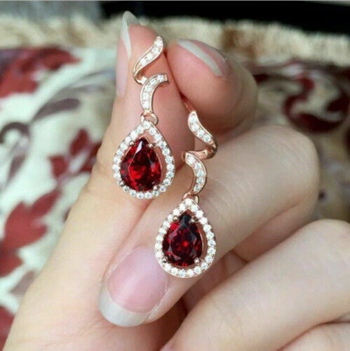 3.75 Ct Pear Cut Red Garnet Rose Gold Over On 925 Sterling Silver Unique Dangle Earrings
