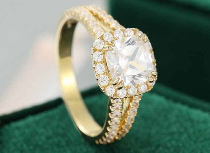 1 CT Cushion Cut Diamond Yellow Gold Ove On 925 Sterling Silver Split Shank Women Anniversary Ring